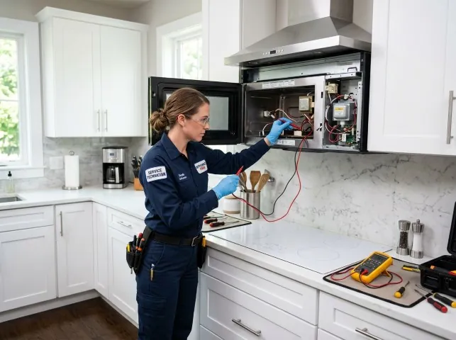 Appliance Repair Hero technician testing an over-the-range microwave in a Ashley, OH kitchen